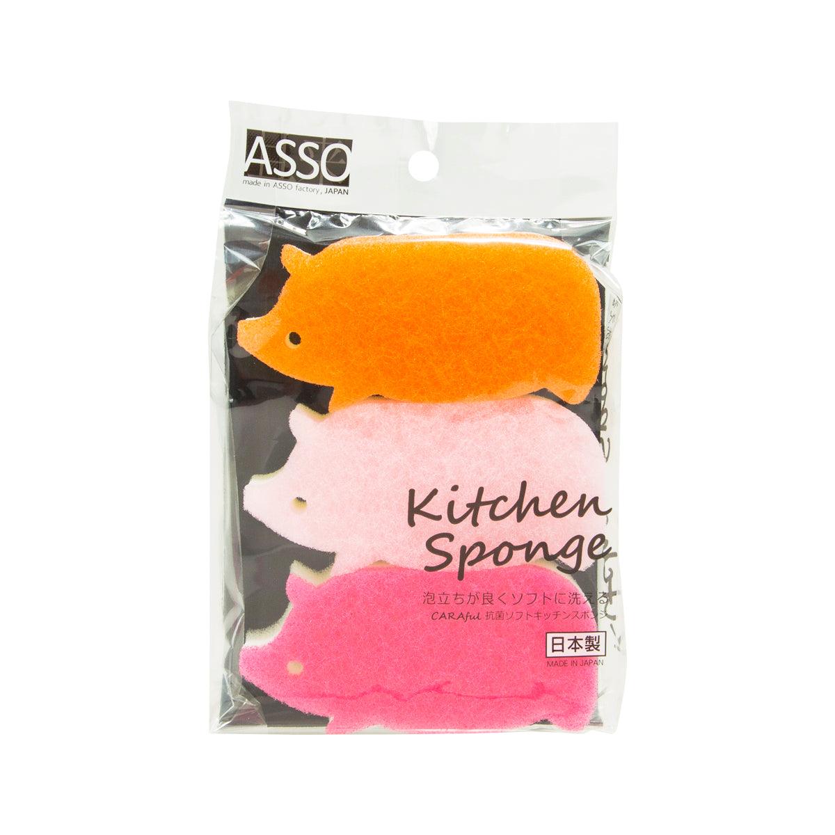 Pig-shaped anti-bac kitchen sponge set of 3, orange and pink sponges