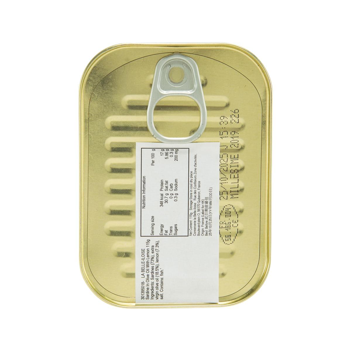 LA BELLE-ILOISE sardines tin, back view with barcode and tab