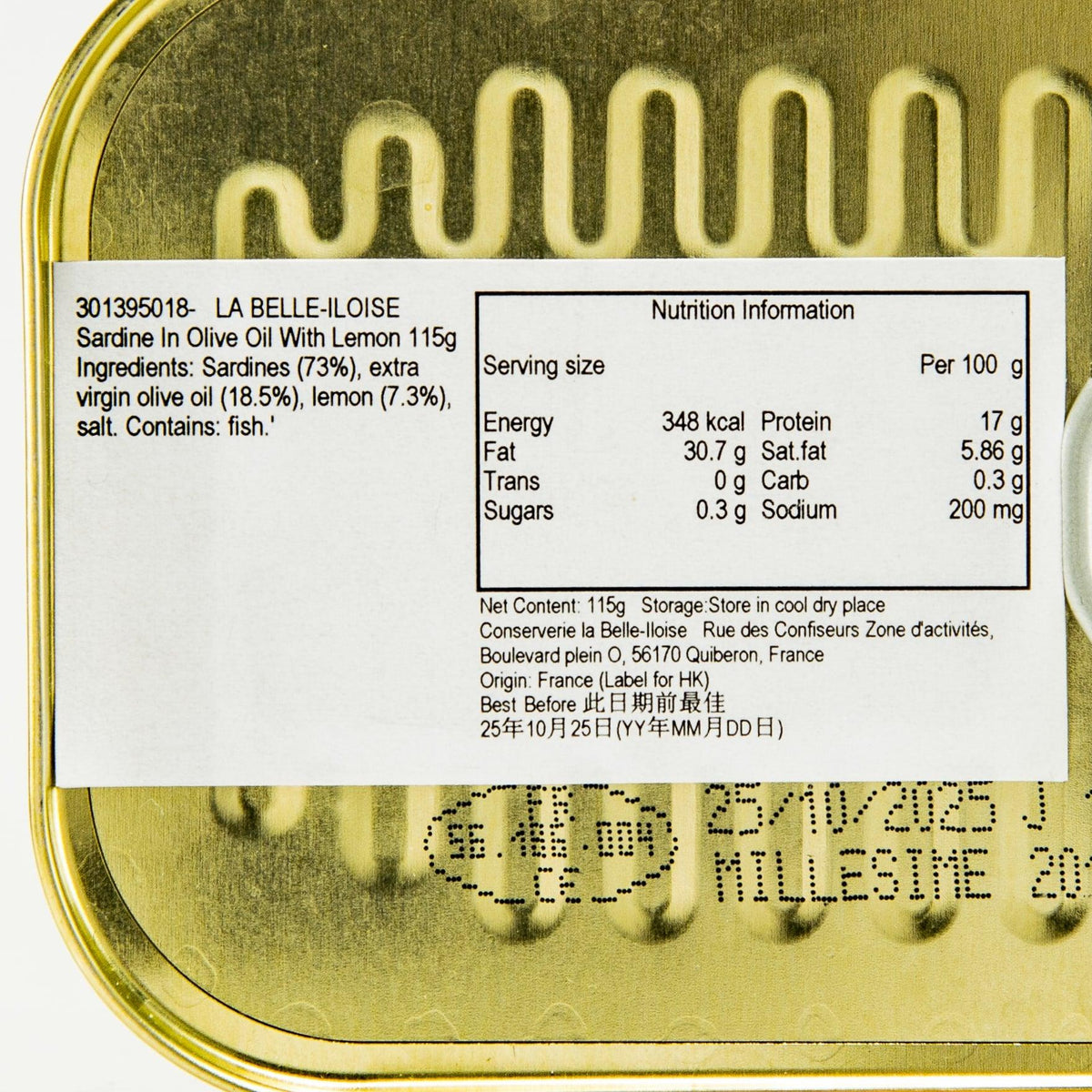 LA BELLE-ILOISE sardines tin, close-up of nutrition facts label