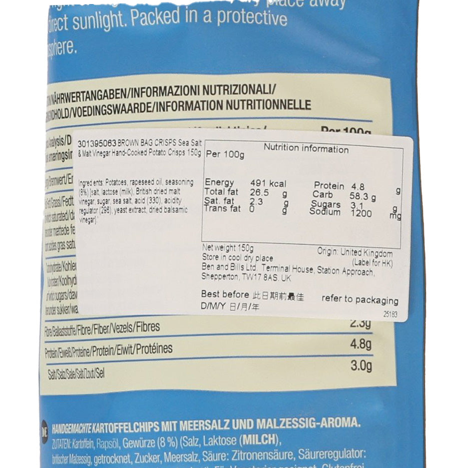 Nutrition facts panel for sea salt and malt vinegar potato crisps bag