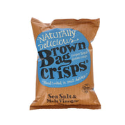 Sea salt and malt vinegar potato crisps bag, brown and blue front label