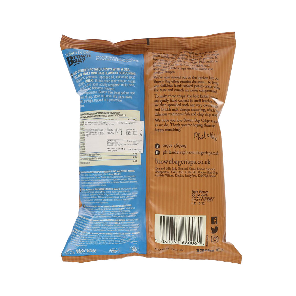 Back of sea salt and malt vinegar potato crisps bag with ingredient panel