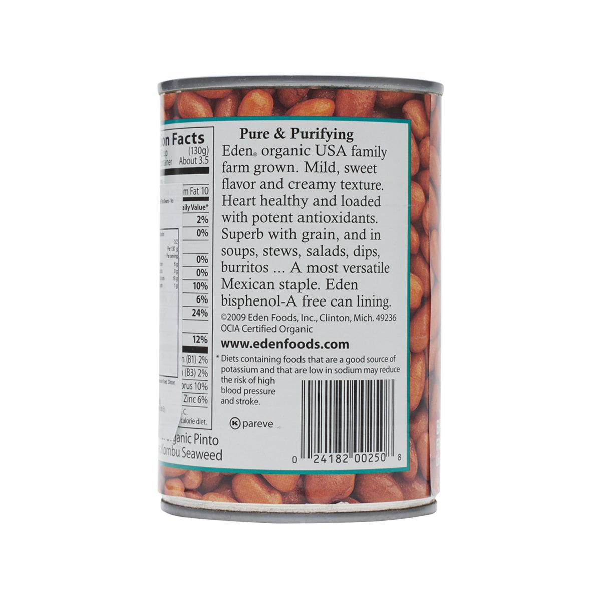 EDEN Organic Pinto Beans can back label with nutrition facts