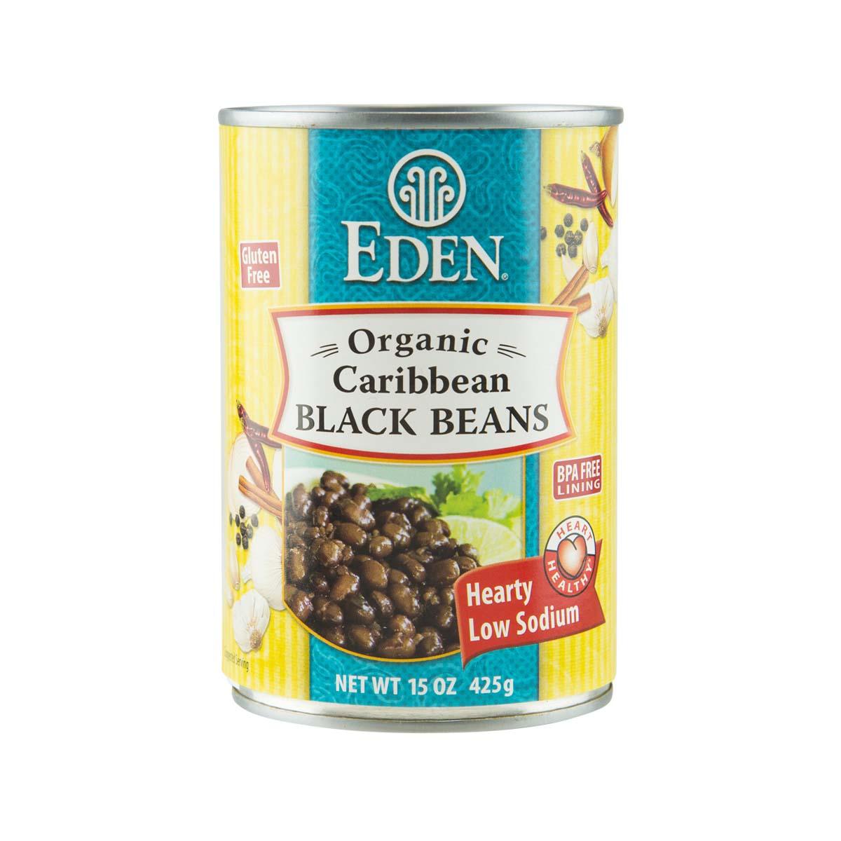 EDEN organic black bean can with Caribbean Black Beans front label