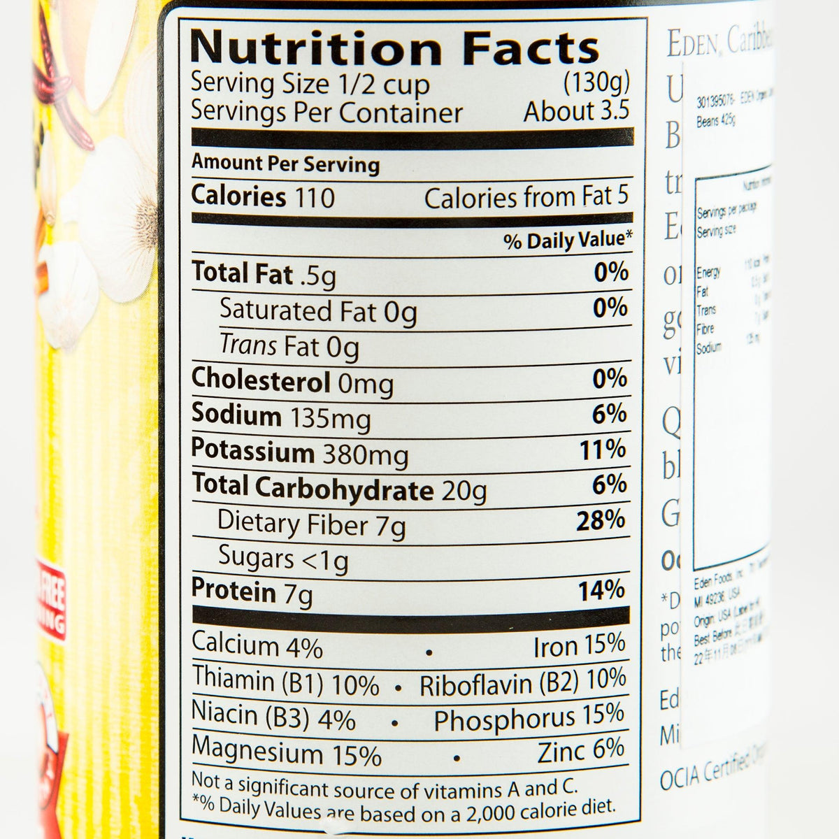 EDEN organic black bean can nutrition facts panel close-up