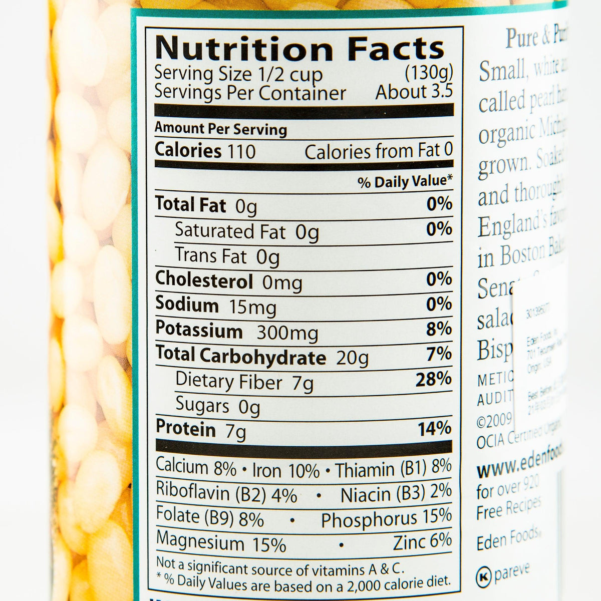 Close-up of Nutrition Facts panel on EDEN organic navy beans can