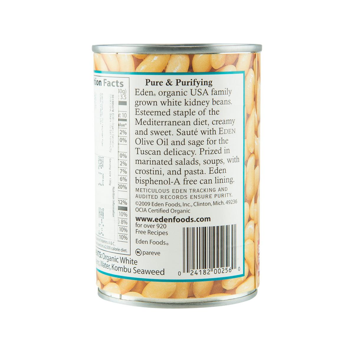EDEN Organic cannellini beans can, nutrition and barcode label, 425 g