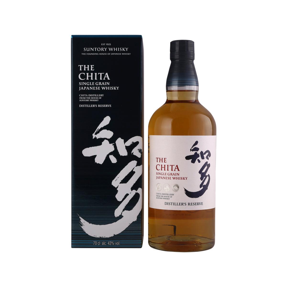 CHITA single grain whisky bottle and carton, amber liquid, black cap, 700 mL