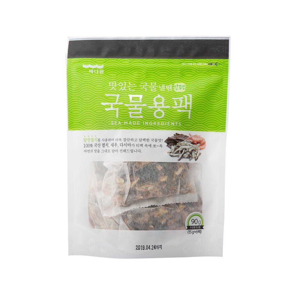 Dried anchovy broth base seasoning pouch, green and white front