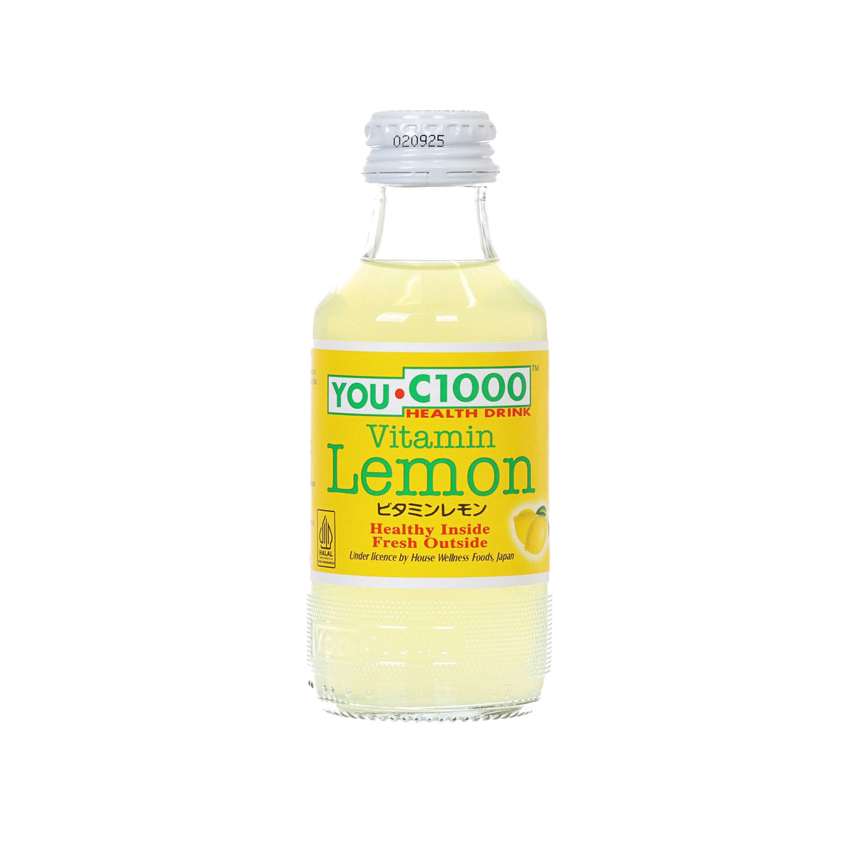 Vitamin C1000 lemon health drink bottle with yellow liquid and white cap