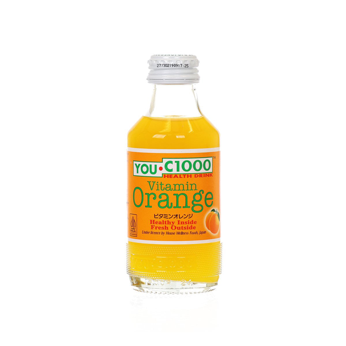 Orange vitamin health drink bottle with front label, 140 mL