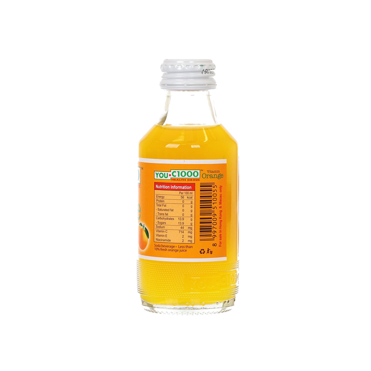 Orange vitamin health drink bottle with back nutrition panel, 140 mL