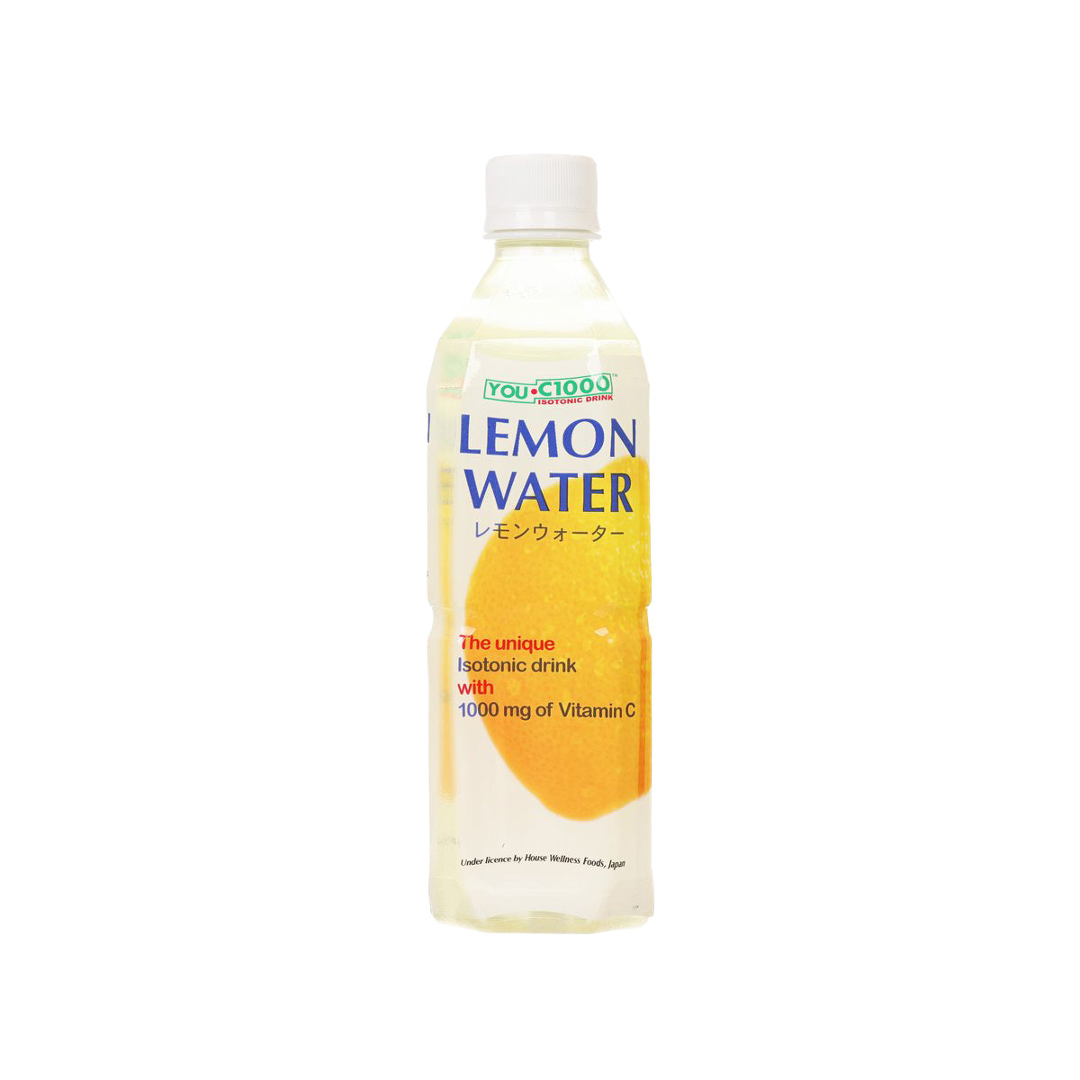 Lemon isotonic vitamin drink bottle, 500 ml, clear pale-yellow liquid inside