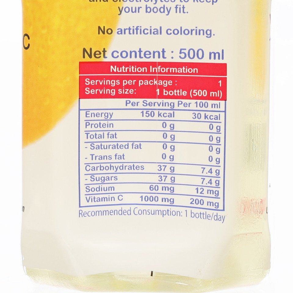 Nutrition facts panel on 500 ml lemon isotonic vitamin drink bottle