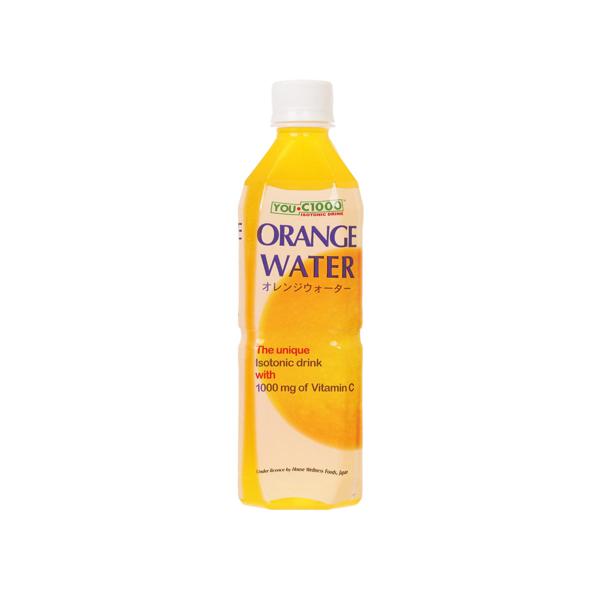 Orange isotonic vitamin drink bottle with flip-top cap, 500 ml