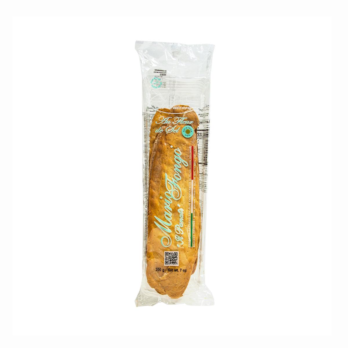MARIO FONGO flatbread with fleur de sel, packaged golden-brown loaf in clear bag
