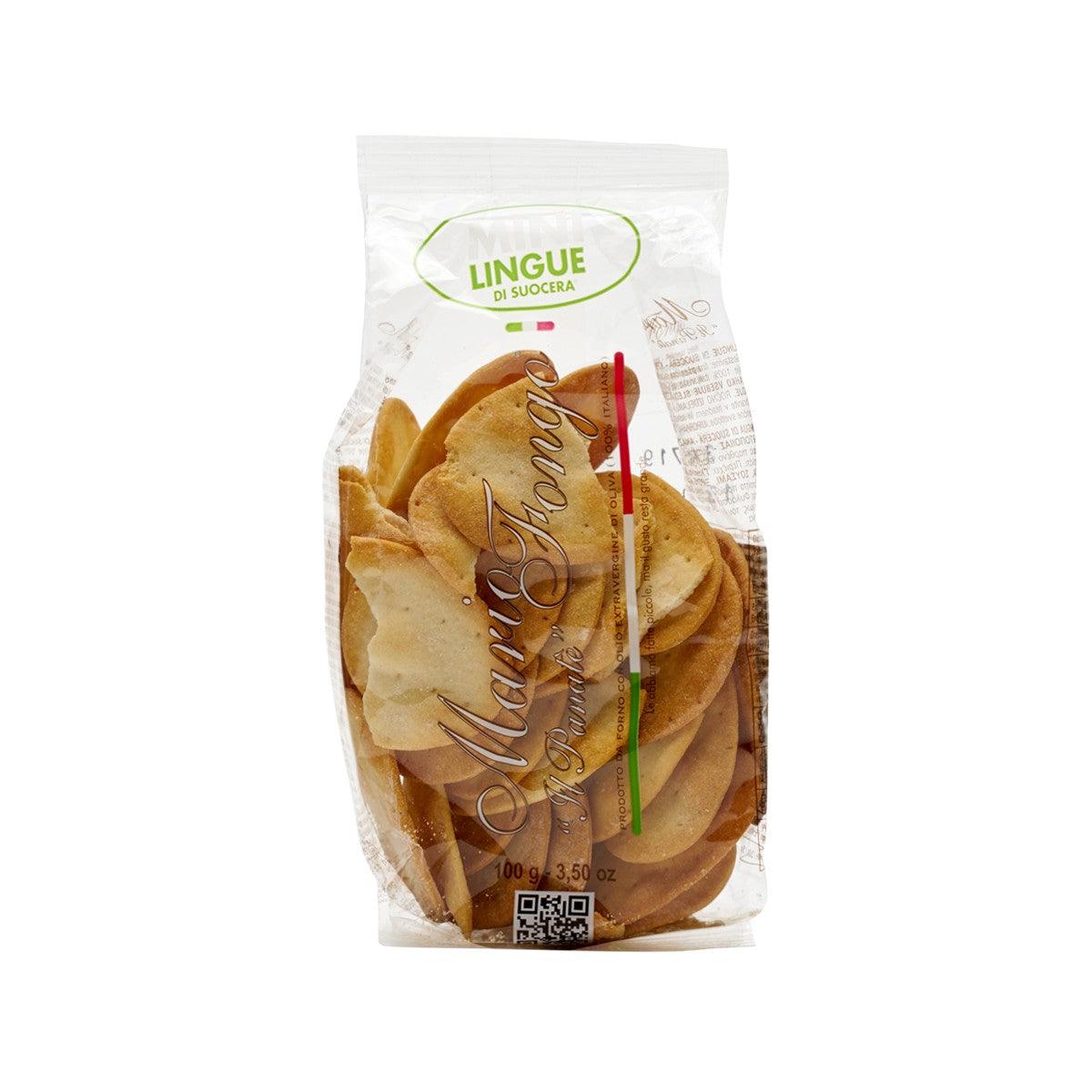 Mini flatbread in sealed bag, golden pieces, front label visible