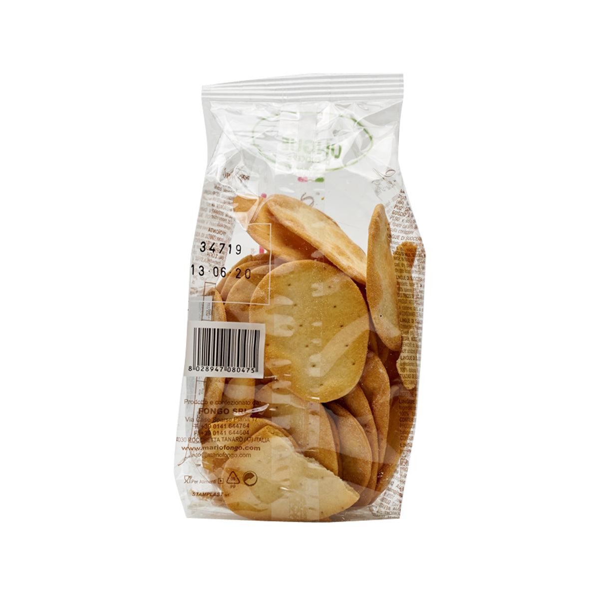 Mini flatbread in sealed bag, golden pieces, back label and barcode visible