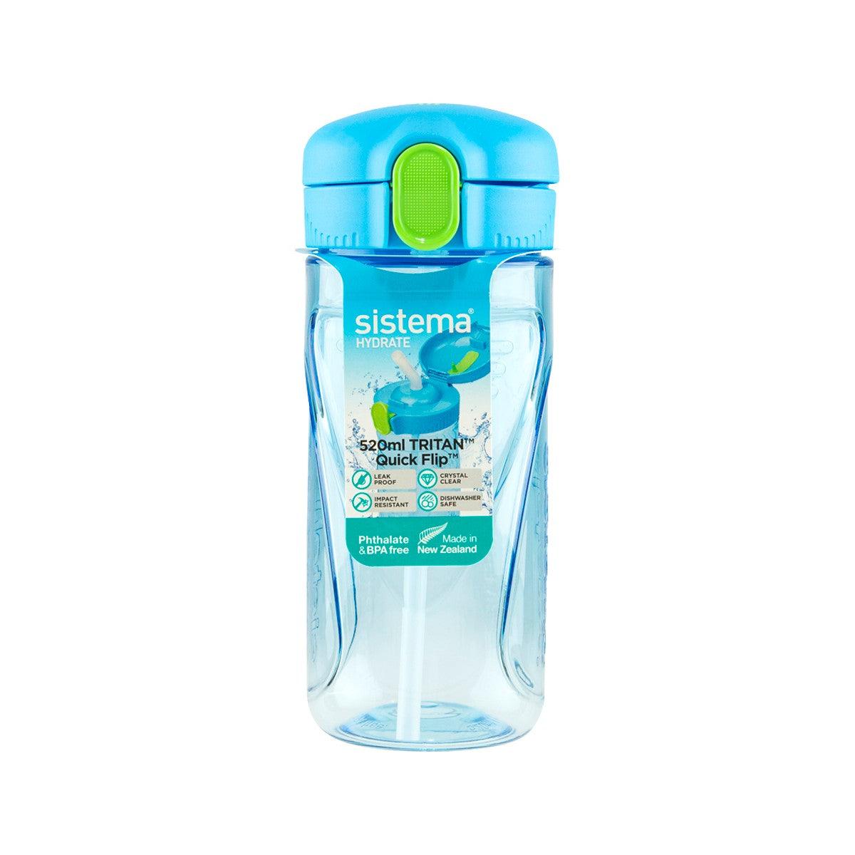 520mL Tritan quick flip water bottle, blue lid with green flip spout button