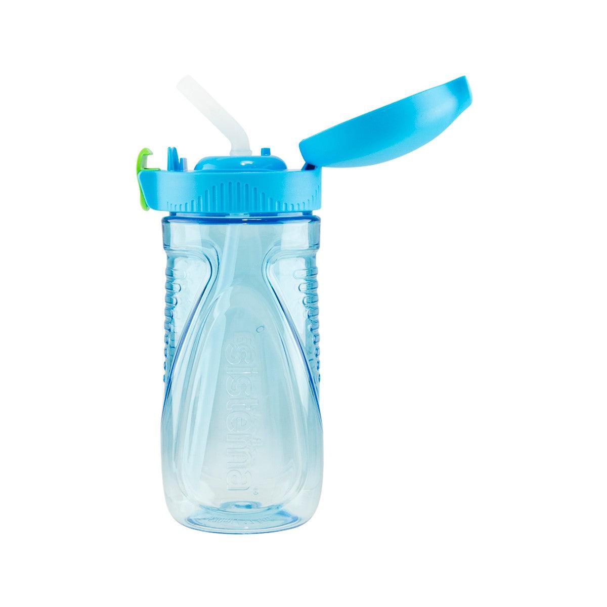 Tritan quick flip bottle with blue flip lid open and green spout button, light blue