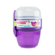 Purple translucent snack capsule container with clear flip-top lid