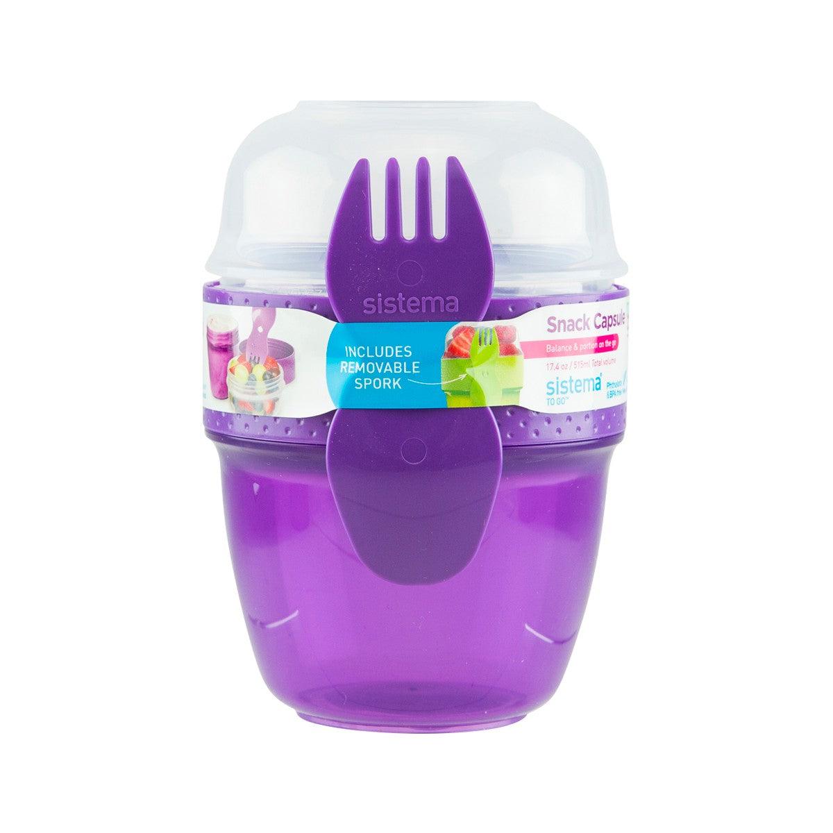 Purple snack capsule container with clear lid and removable purple spork