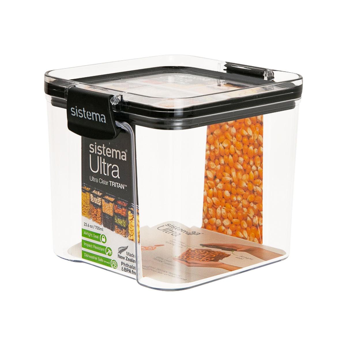 Square clear Tritan container with black lid and internal tray, 700 mL