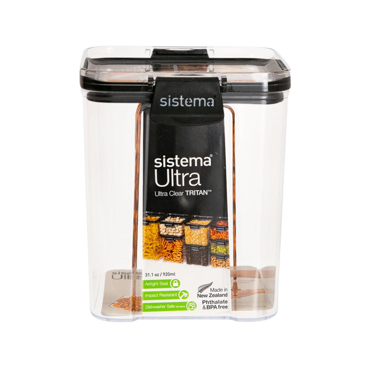 Square clear plastic container with black hinged lid and visible 920 mL marking