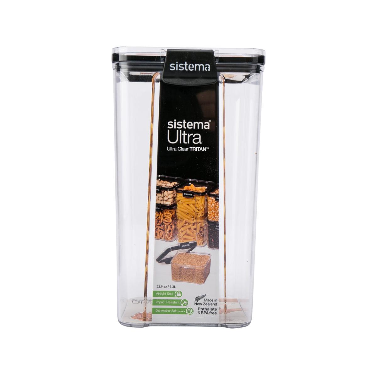 SISTEMA Ultra square clear food container with black snap lid, 1.3L