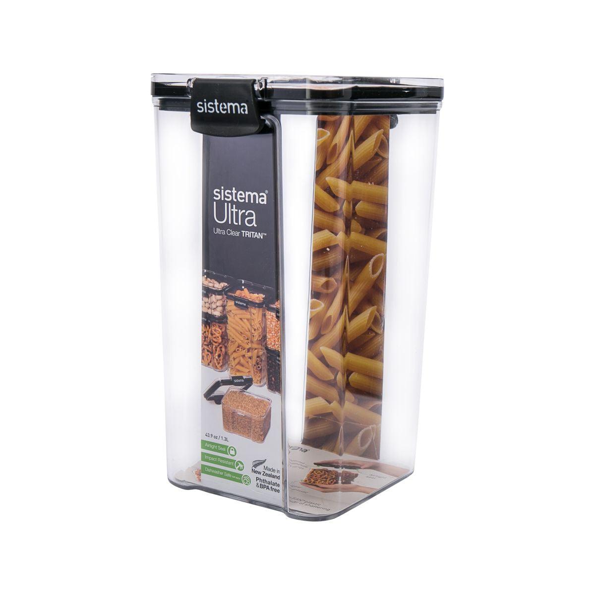 Square clear Tritan storage container with black lid, 1.3L capacity
