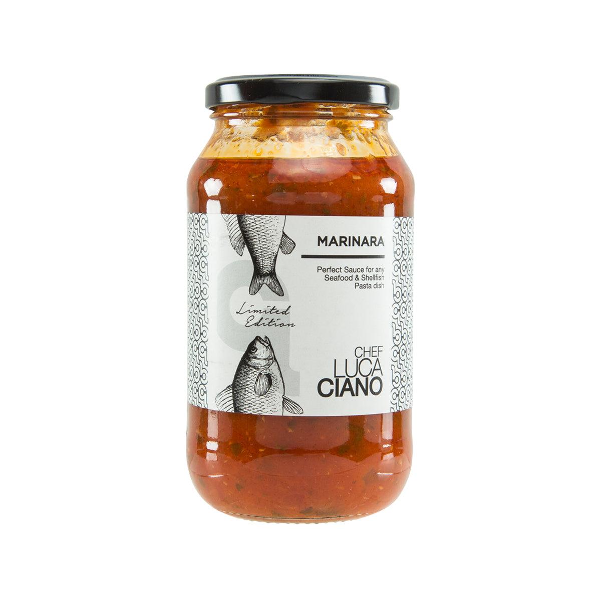 Marinara sauce jar with red sauce, black lid, and LUCA CIANO label