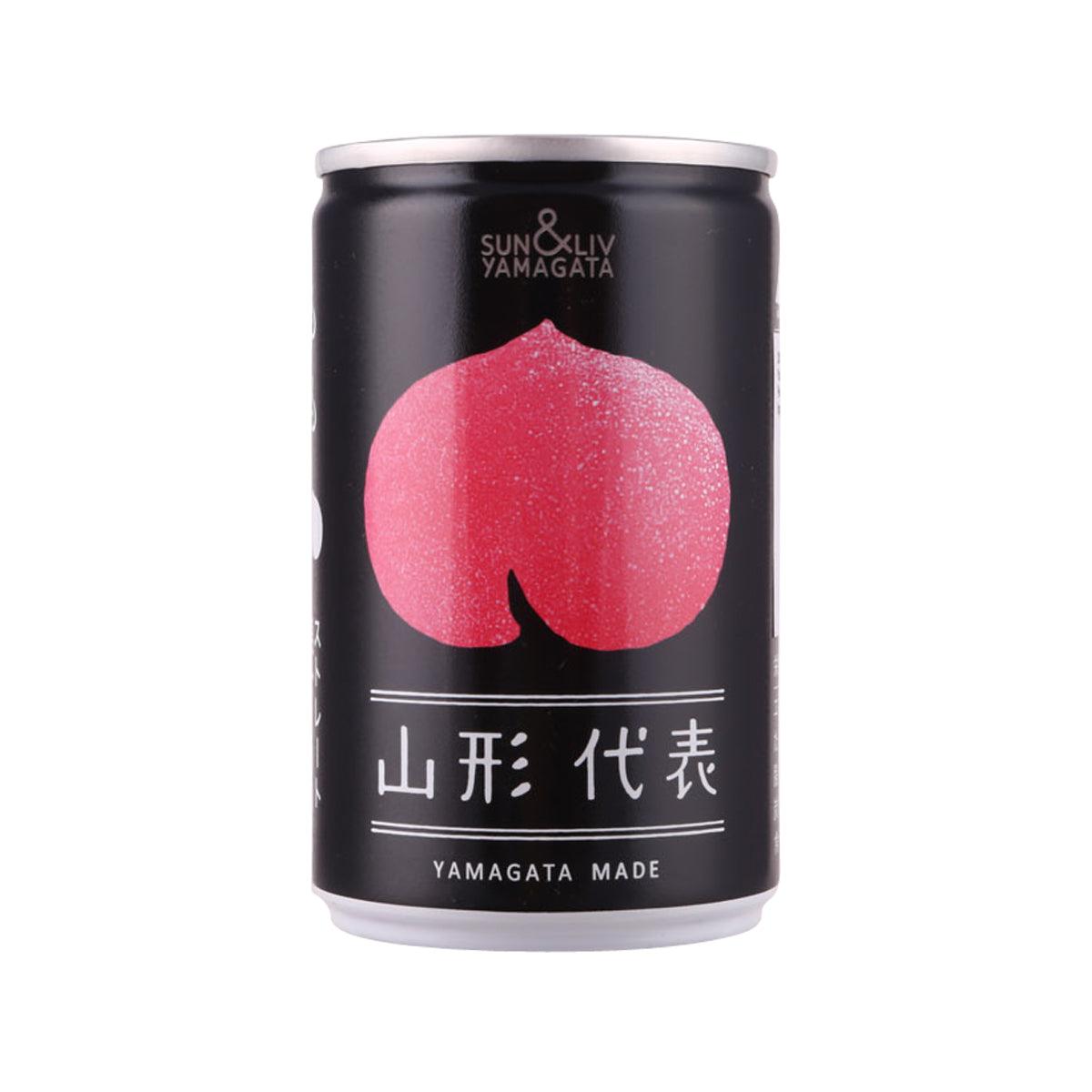 SUN&LIV YAMAGATA peach juice can, black label with peach fruit graphic