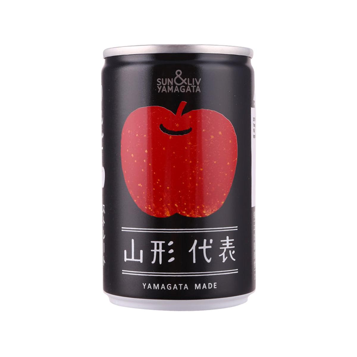 Black apple juice can with red apple graphic and silver top, SUN&LIV YAMAGATA label
