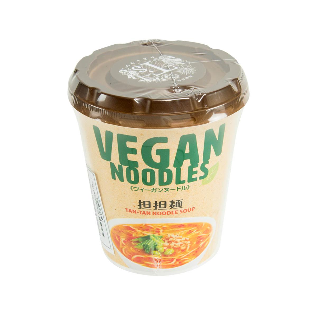 Vegan ramen noodle soup cup with Tantan flavor, front label