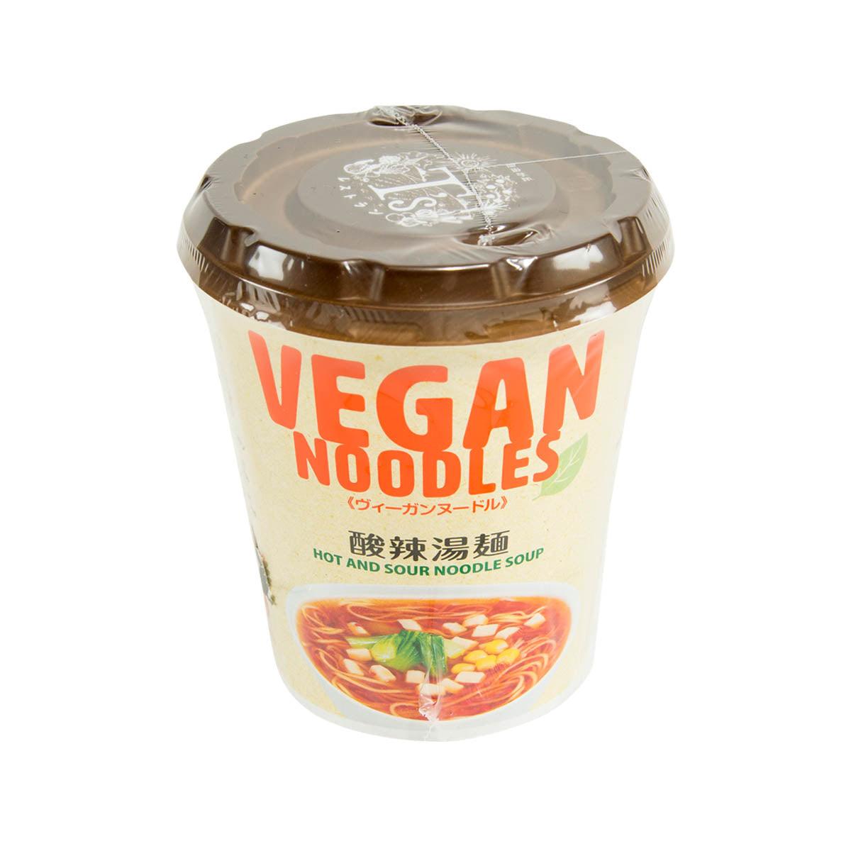 Vegan hot and sour noodle soup cup with brown seal lid