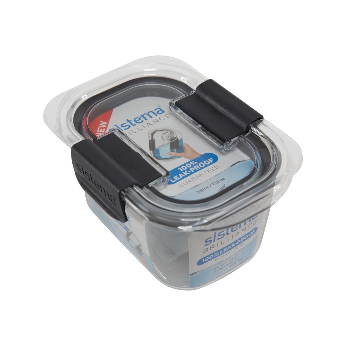 Clear rectangular food container with black snap lid, 380 mL capacity, angled view