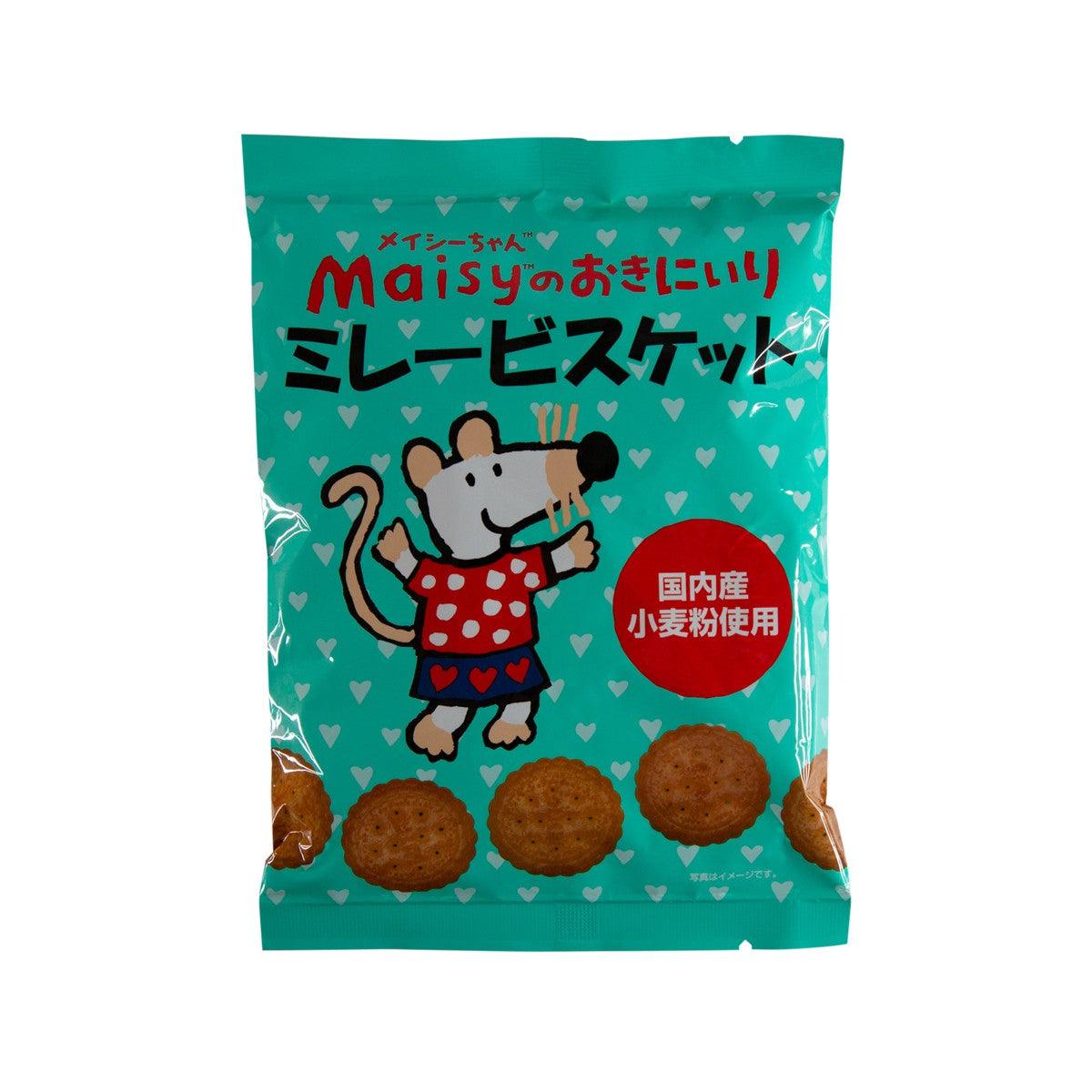 Maisy's biscuit snack bag with teal print and round cookie pieces