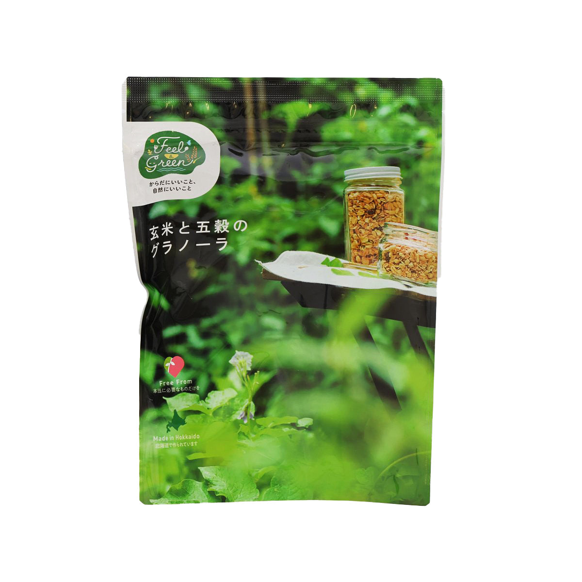 NIHONSHOKUHIN brown rice granola pouch with window and green design