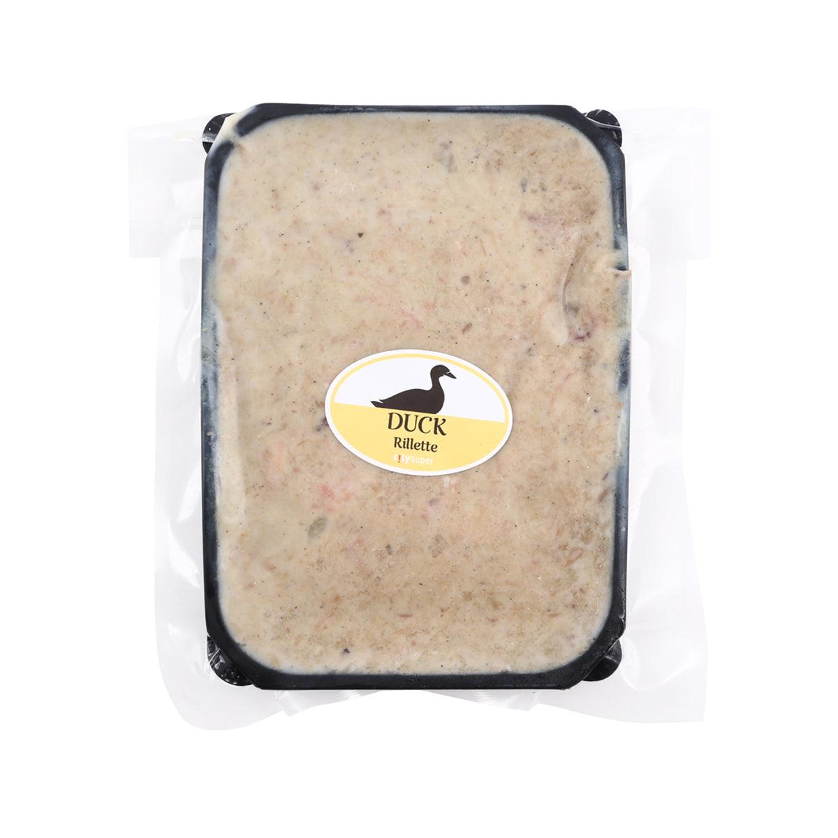 Pasteurized duck rillette in rectangular tray, with duck rillette label