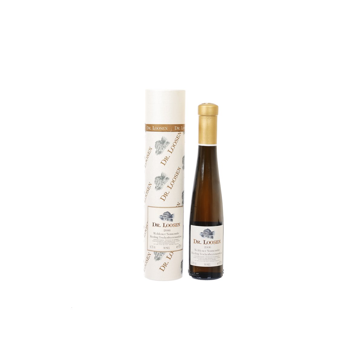 Dessert wine bottle with gold foil top and white label, plus white presentation sleeve