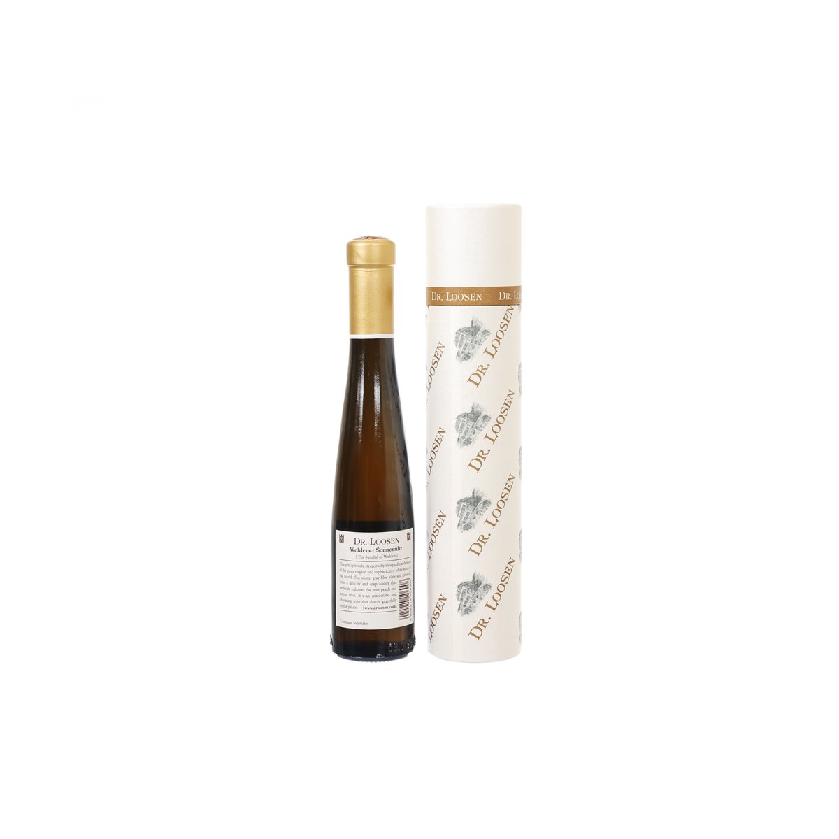 Dessert wine bottle with white presentation sleeve, both with printed labels