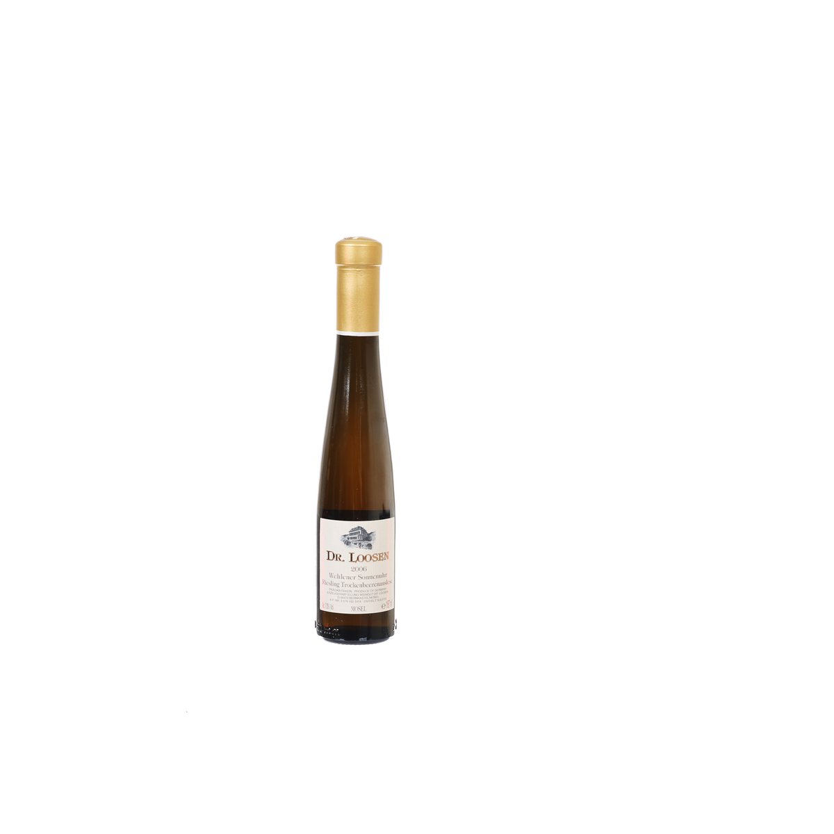 Dessert wine bottle with gold foil top and white label