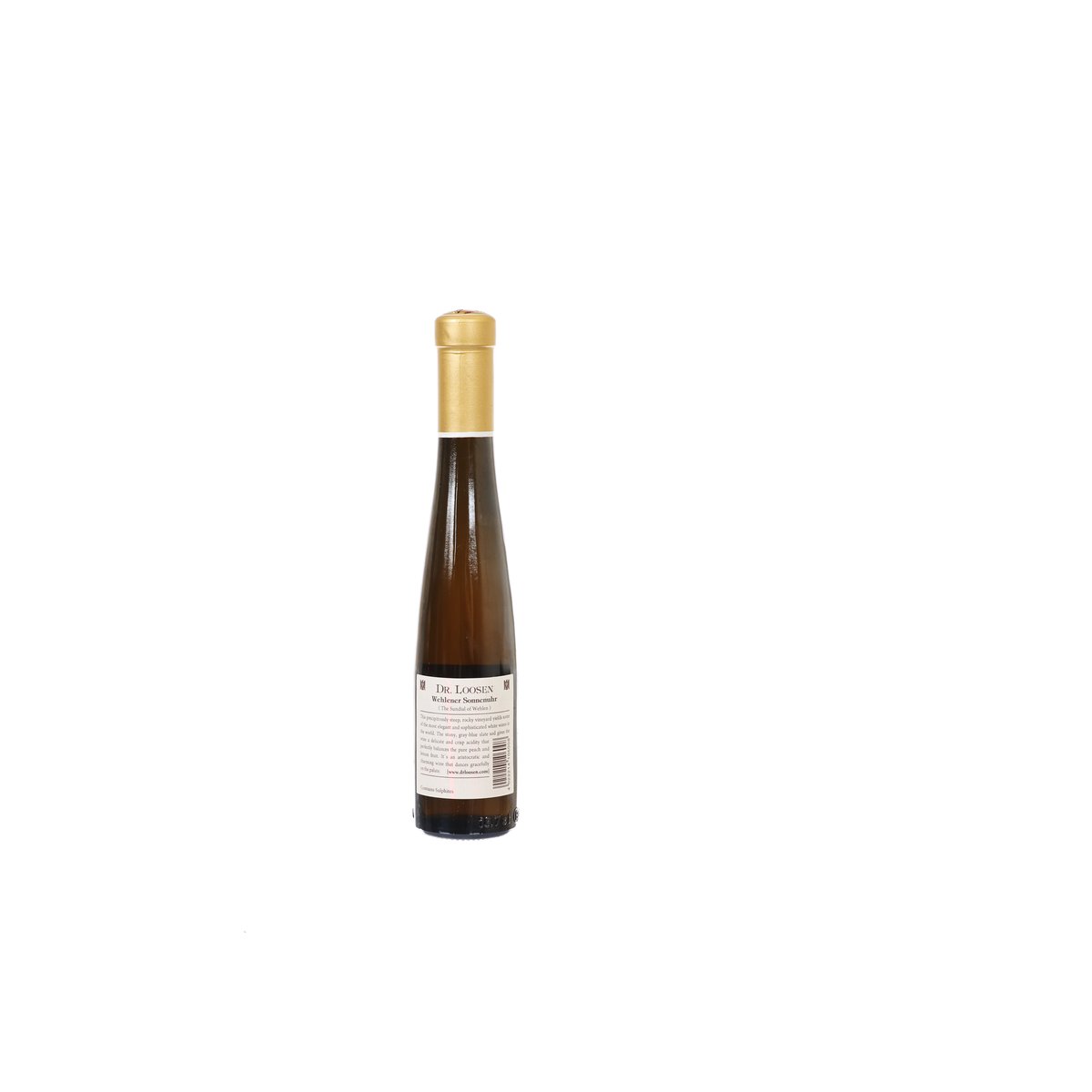 Dessert wine bottle front view with gold foil top and white label