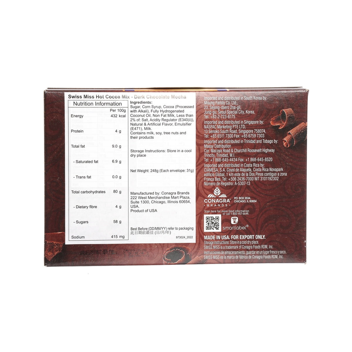 Hot cocoa mix box back with nutrition facts, ingredients, and 248 g net weight
