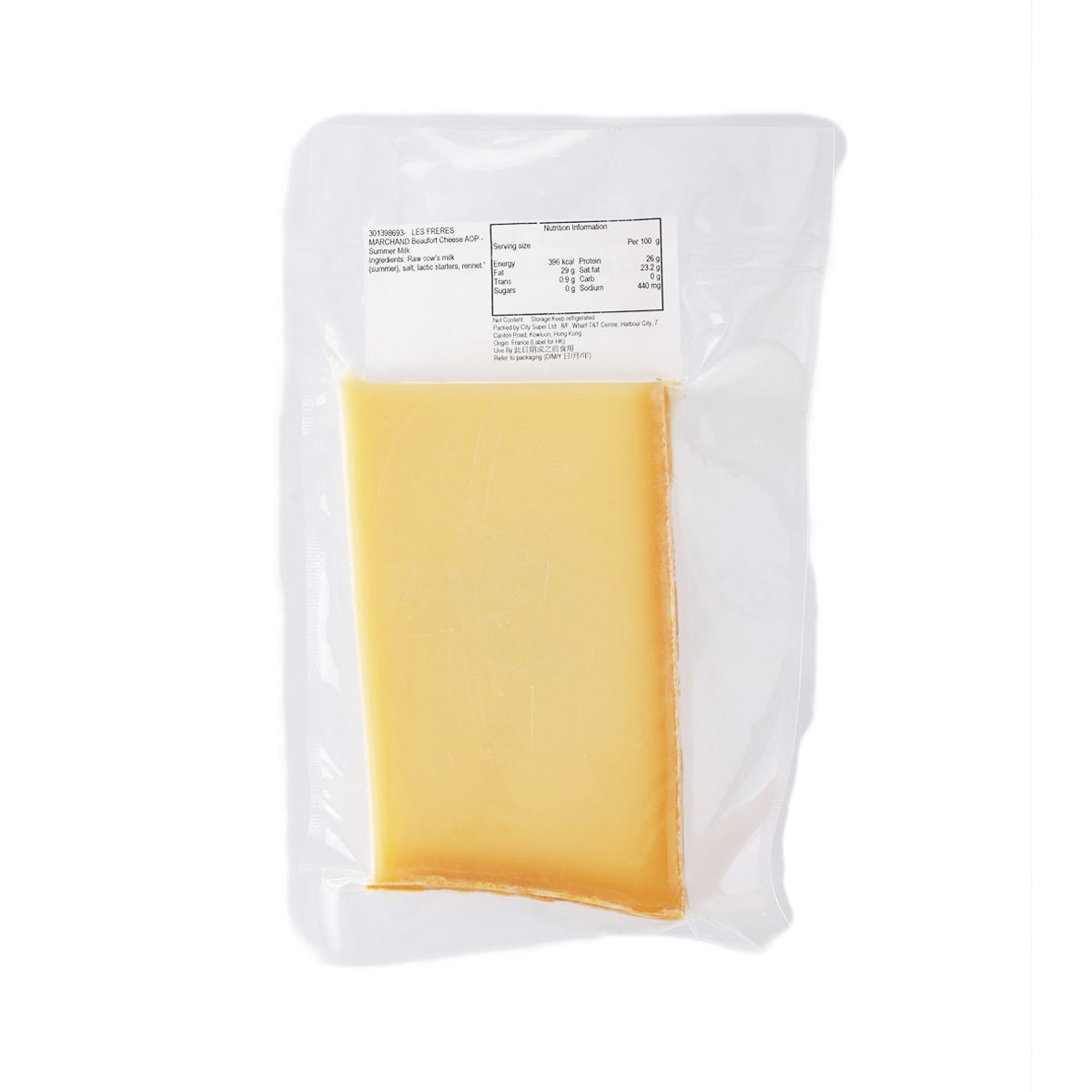 Beaufort cheese wedge in clear vacuum-sealed pouch with back label panel