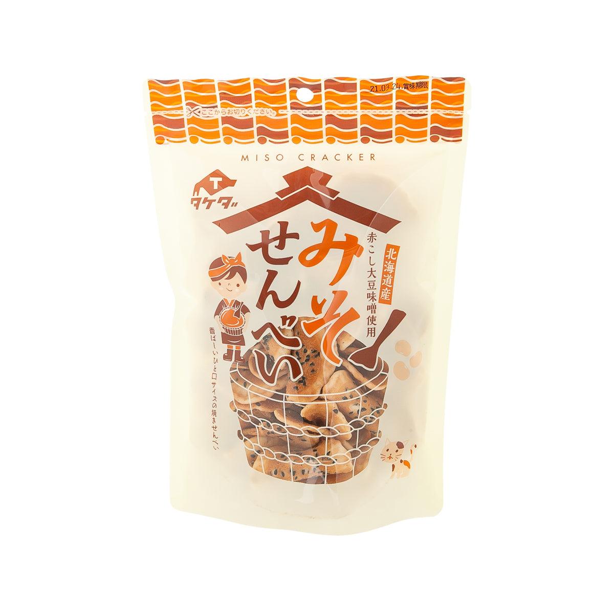TAKEDA SEIKA miso wheat cracker pouch, cream bag with orange design and product text