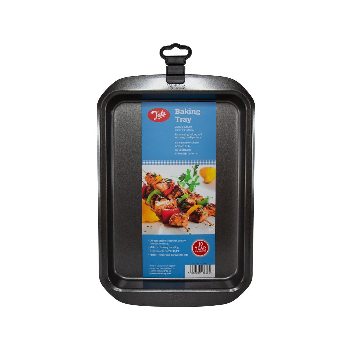 Nonstick baking tray with raised sides and hanging handle, dark grey.