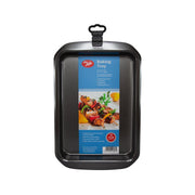 Nonstick baking tray with raised sides and hanging handle, dark grey.