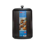 Black baking tray with raised sides and hanging hook, 25 x 38 cm