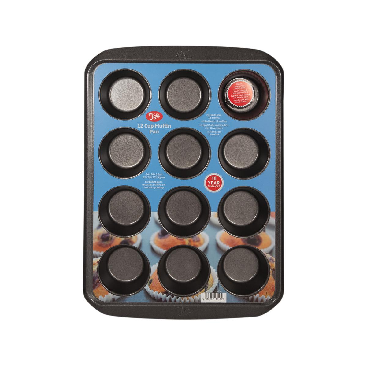 12-cup muffin pan with 12 round nonstick cavities and dark metal frame